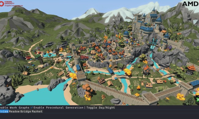 A demo of AMD GPU work graphs featuring in-game scenery including a castle and a town.