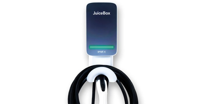 An Juicebox Electric Vehicle Charger with the cable underneath it.